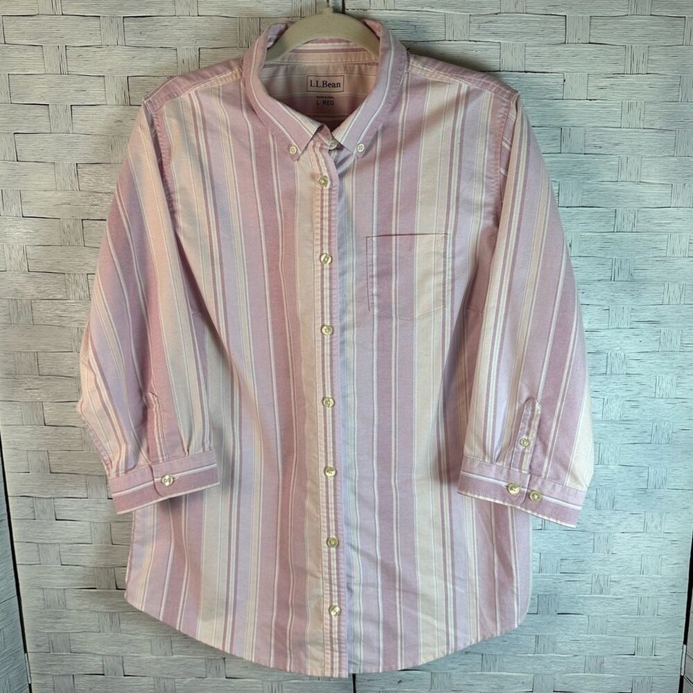 LL Bean shirt 3/4 sleeves buttons down pastel pink peach cream, Feminin‎